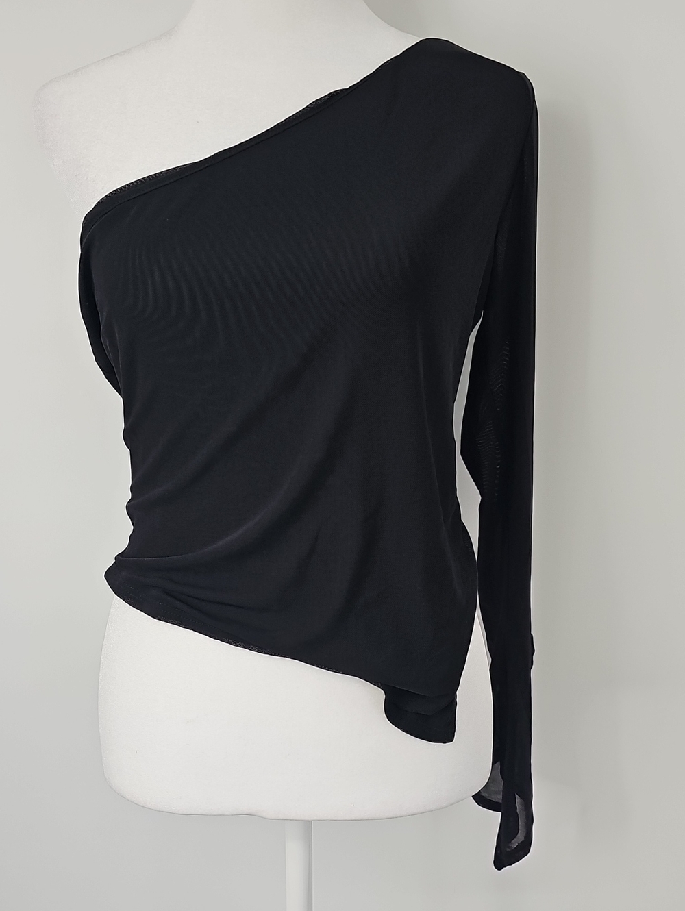 silence+noise Stretch Mesh 1-Shoulder Long Sleeve & Pointy Hem Black Top Sz:M